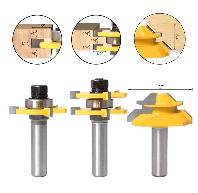 APLUS Lock Miter 45 Degree Joint Router Bits + 2Pcs Tongue and Groove Set [1/2-Inch Shank], APLUS 45Â° Lock Mitre Glue Joint Router Bit + Router Bit Set 3 Teeth T Shape, Wood Milling Cutter Woodworking Tool - Image 2